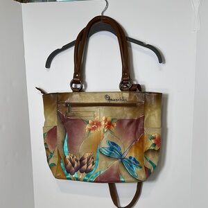 Anuschka Multi Compartment Hand Painted Leather Satchel Tropical Dragonfly Motif